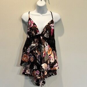 Linea Donatella Womens Floral Tropical Pajama Set Cami Shorts Black Pink Large